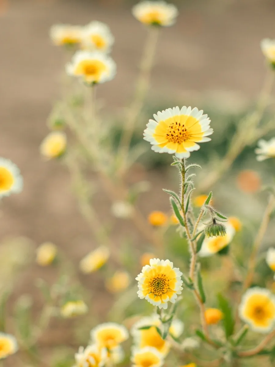 A cluster of yellow and white wildflowers standing in open ground